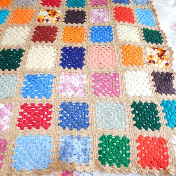 VTG Hand Crochet Knit Multi Colour Granny Square 48" x 58" Afghan Throw Blanket - Picture 4 of 8
